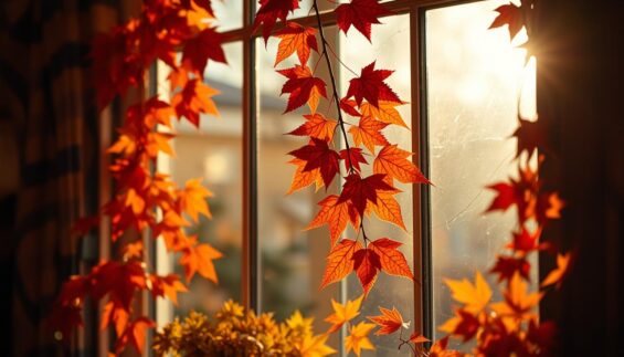 herbstliche Fensterdekorationen mit Herbstblättern